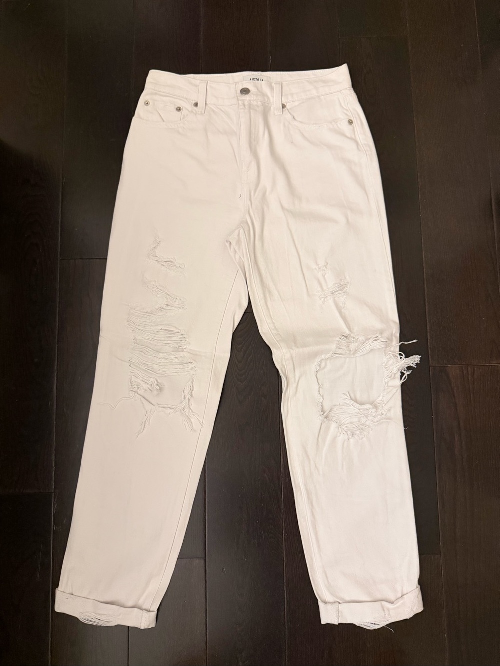 pistola White Distressed Boyfriend Jeans with Knee Rips - Picture 2 of 6